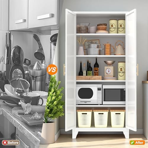 Ball & Cast 61″Tall Freestanding Kitchen Pantry Cabinet,Versatile Metal Storage Cabinet w/Adjustable Shelves & Doors,Pantry Cabinet for Kitchen and Dining Room,White