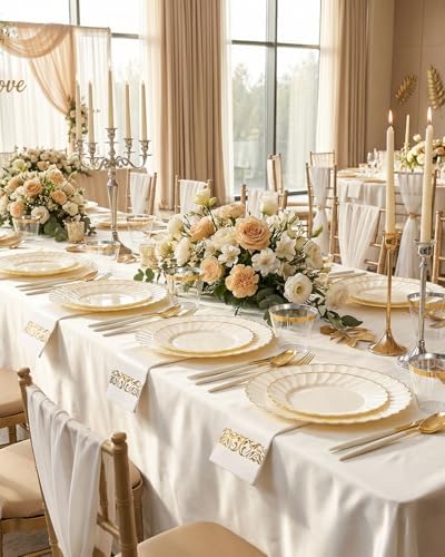 Ciaell 175 Piece Ivory and Gold Plastic Plates for Weddings Parties