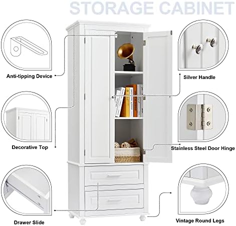 Merax 62.5" Pantry Cabinet with Two Doors & Two Drawers, Adjustable Shelves Storage Cupboard for Kitchen/Dining Room/Bathroom, White