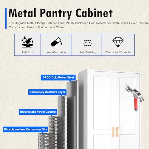 Polup 60" White Metal Kitchen Pantry Storage Cabinet with Doors and Shelves