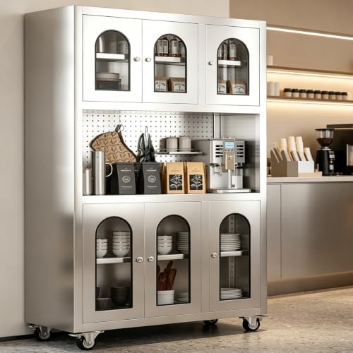Stainless Steel Kitchen Pantry Cabinet with Pegboard and Adjustable Shelves