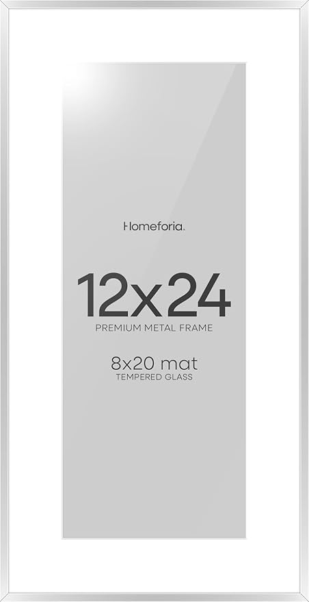 Homeforia 12 x 24 Picture Frame Silver, High End Metal 12x24 Poster Frames with Mat 8x20 Photo, 12 x 24 Silver Frames Matted to 8 x 20 Print, 24by12 Panoramic Frame, Tempered Glass, Wall Kit, Set of 1