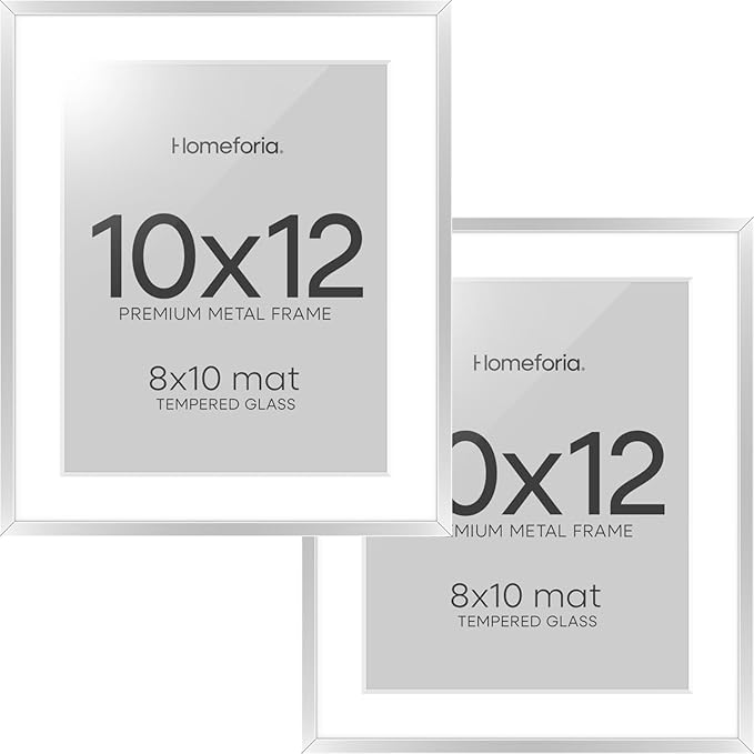 Homeforia 10x12 Picture Frame Silver, High End Metal 10x12 Frames with Mat 8x10, 10 x 12 Silver Poster Frame Matted to 8 x 10 inch Photo, 10by12 Thin Hanging Frames, Tempered Glass, Wall Kit, Set of 2