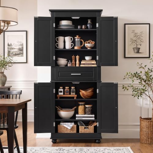Merax 63" Pantry Cupboard with Four Doors & One Drawer, Bathroom Storage Cabinet with Adjustable Shelves for Home/Living Room/Dining Room/Kitchen, Black