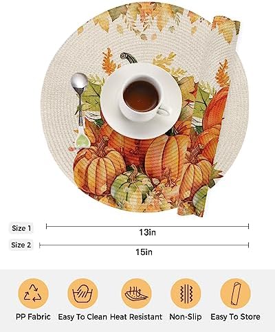 Fall Round Placemats Set of 2 Orange Pumpkin Thanksgiving Place Mats Washable Woven Placemat Autumn Maple Leaf Circle Braided Table Mat for Kitchen Dining Table Holiday Party Decorations 13 Inch