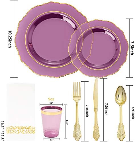 KIRE 210Pcs Purple Plastic Plates with Gold Rim& Silverware &Cups&Hand Napkin - Baroque Clear Plastic Dinnerware for Upscale Wedding/Parties Plates