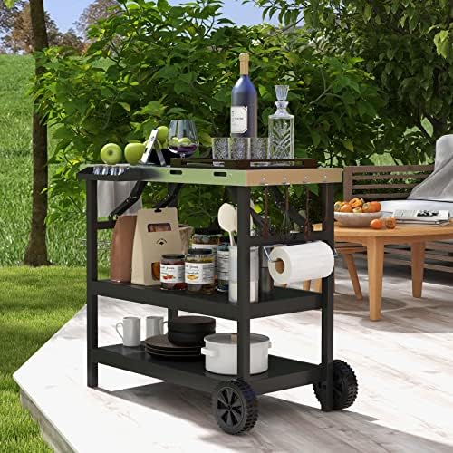 GIANTEX Outdoor Grill Cart with Wheels, Food Prep Table with 3 Storage Shelves, Detachable Spice Rack, Garbage Bag Holder, 4 Hooks, Movable Dining Cart Worktable Trolley for Outside Kitchen BBQ