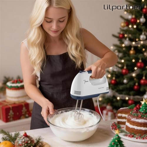 LILPARTNER Electric Hand Mixer with Storage Box, Ultra Power Kitchen Hand Mixer With 7-Speed & 5 Stainless Steel Accessories for Whipping Dough, Cream, Cake, Dishwasher Safe, LIGHT WHITE BOX