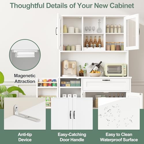 Shintenchi 68" Kitchen Pantry Storage Cabinet, with Microwave Stand, White