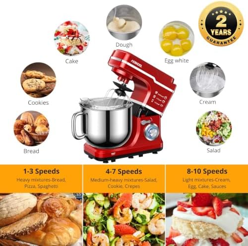 Stand Mixer 660W 7L 10-Speed Stepless Speed Control, Red