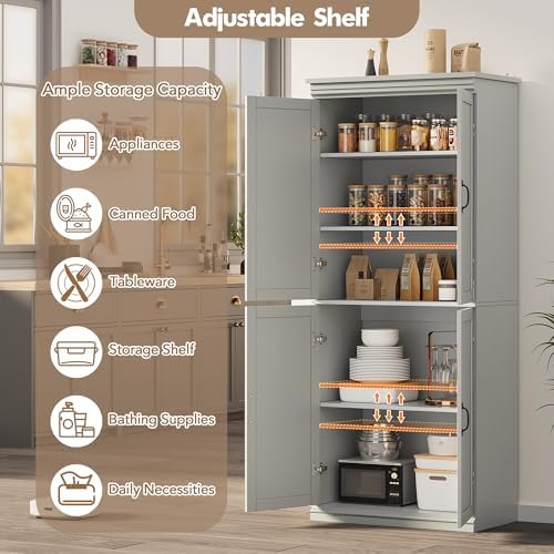 70 Inch Tall Pantry Cabinet, Wood Kitchen Storage Cabinet with 4 Doors & Adjustable Shelves, Modern White Pantry Organizer Cupboard for Dining Room, Living Room
