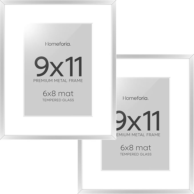 Homeforia 9x11 Picture Frame Silver, High End Metal 9 x 11 Frames with Mat 6 by 8 inch Photo, 9by11 Poster Frame Matted to 6x8 in Print, 11x9 Wall or Tabletop Frame, Tempered Glass, Wall Kit, Set of 2