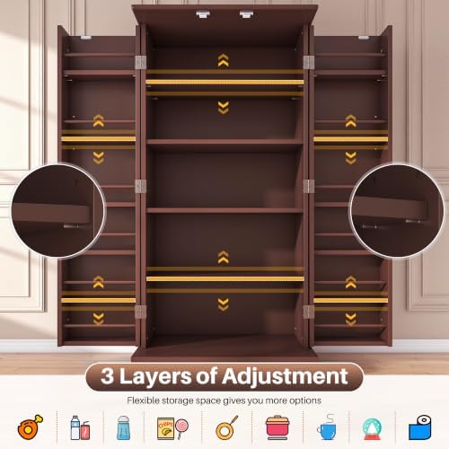kepptory 47" Kitchen Pantry Cabinet, Freestanding Tall Storage Cabinet with Doors and Adjustable Shelves, Large Food Storage Organizer for Kitchen, Dining Room, Living Room, Farmhouse Cupboard, Brown