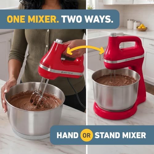 West Bend Two Sweet 2-in-1 Hand & Stand Mixer, 11 Speeds with Turbo Boost, 4.4 Qt Rotating Bowl, Dough Hooks, Beaters & Whisk, Tilt-Head Design, 550 Peak Watts, Red