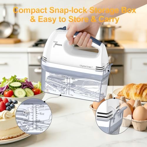 LILPARTNER Electric Hand Mixer with Storage Box, Ultra Power Kitchen Hand Mixer With 7-Speed & 5 Stainless Steel Accessories for Whipping Dough, Cream, Cake, Dishwasher Safe, LIGHT WHITE BOX