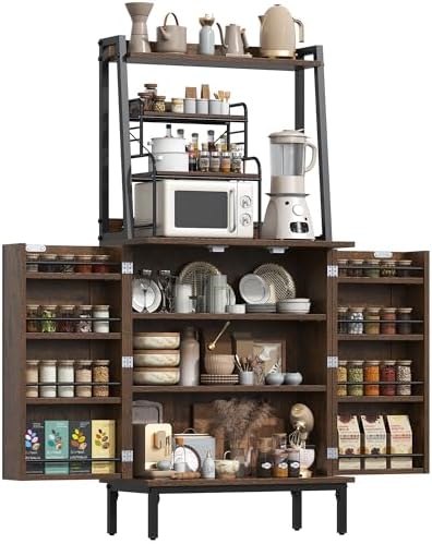 kepptory 51" Kitchen Baker's Rack with Storage, Microwave & Toaster Oven Stand, Freestanding Coffee Bar Station with Wine Glass Holder & Side Storage Shelves, Brown