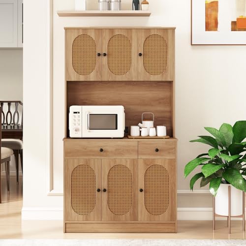 Giantex Kitchen Hutch, 71" Tall Boho Pantry Cabinet w/Charging Station, Microwave Countertop, 6 PE Rattan Door, 2 Drawer, 4 Adjustable Shelf, Freestanding Buffet Sideboard for Dining Room (Natural)