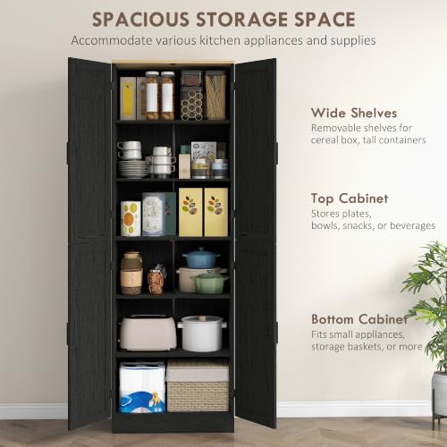 HOMCOM 67" Freestanding Kitchen Pantry 4-Door Cabinet Distressed Black