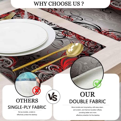 Mcalk Table Runner and Placemats Set of 6 Pieces,Mystic Gray Leaf Placemat,Cloth Place Mats Red Indoor for Kitchen,Washable Placemats Floral Print Linen Material for Dining Table