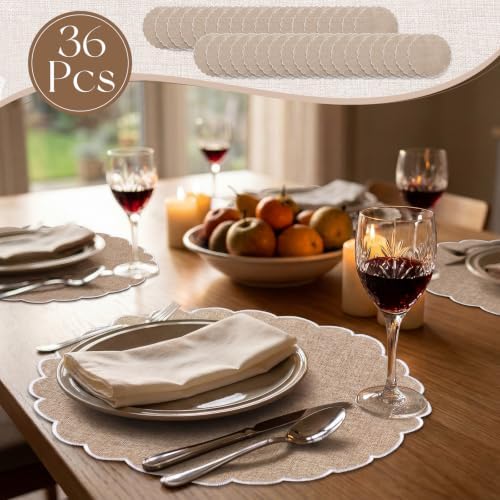 Set of 36 Linen Cotton Placemat 15 Inch Round Scalloped Placemat