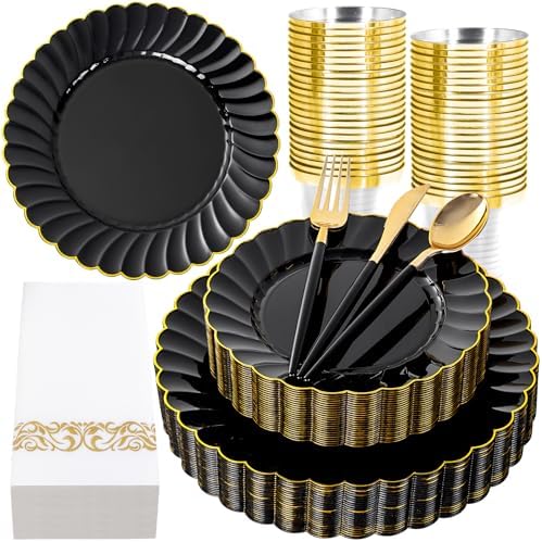 Ciaell 175 Piece Black and Gold Plastic Plates for Weddings Parties