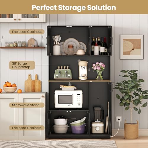 Giantex Kitchen Pantry Cabinet, 71” Tall Kitchen Hutch with Power Outlet, Wooden Microwave Stand with Large Countertop & 4 Storage Cabinets, Modern Cupboard for Kitchen, Dining Room, Coffee Bar, Black
