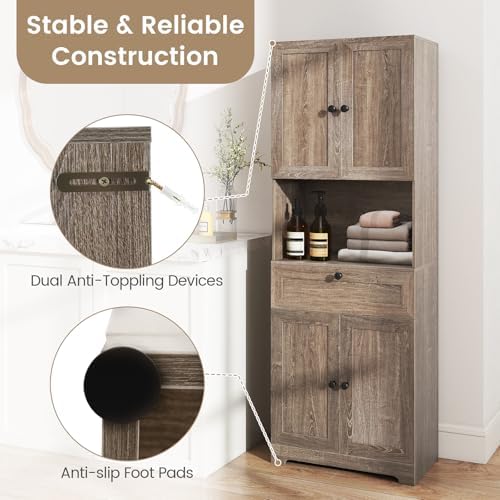 GIANTEX Kitchen Pantry Cabinet, 67.5" Tall Floor Storage Cabinet w/4 Doors & 1 Drawer, Modern Freestanding Bathroom Organizer w/Open Countertop & Adjustable Shelf for Dining Room (Gray Oak)