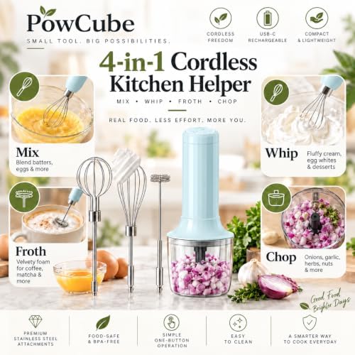 Cordless Hand Mixer, 4-in-1 Handheld Electric Mixer with Electric Whisk Frother & 10 oz Mini Food Chopper, USB-C Rechargeable 4-Speed Hand Mixer for Eggs, Cream, Coffee & Small-Batch Prep