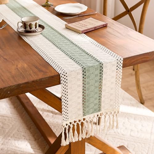 Niviy Sage Green Table Runner 108 Inches Long with Tassels, Seasonal Spring Summer Washable Embroidered Striped Braided Green and Beige Boho Table Runners for Holiday Party 12 x 108 Inches