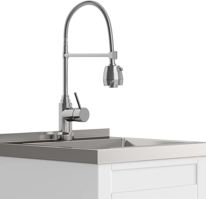 SIMPLIHOME Hennessy All-in-One 20 inch Wide Utility Sink and Laundry Cabinet in Pure White Finish, Transitional Stainless Steel Sink Cabinet for Laundry Rooms with High-Arch Chrome Faucet and Storage