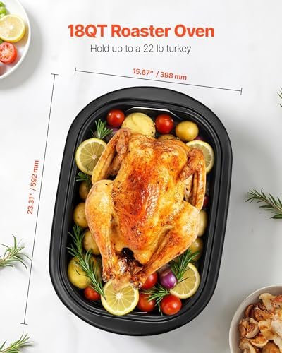 VEVOR Roaster Oven, 18QT Electric Roaster Oven, 150-450℉ Adjustable Temperature Electric Roasting Pan, Multifunctional Electric Roasters with Self-Basting Lid, Removable Pan and Rack for Holiday