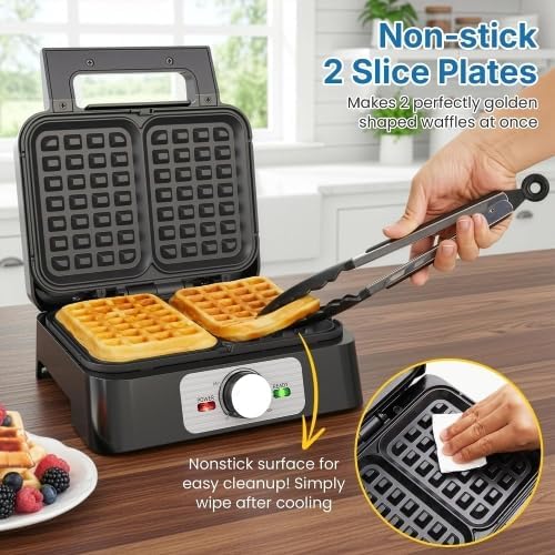 2-Slice Waffle Iron, Waffle Maker with Adjustable Browning Control