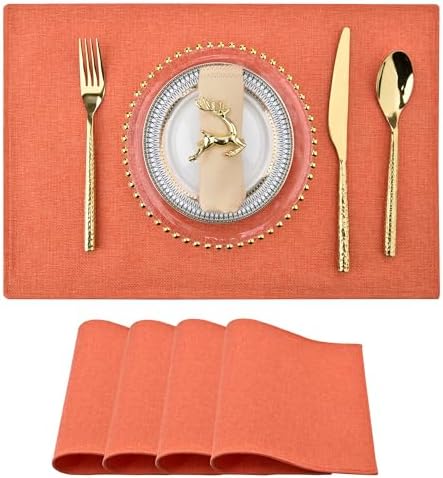 SLKQG Orange Linen Fabric Placemats Set of 4 - Heat Resistant & Machine Washable Table Mats for Holiday Dining, Double-Layered Placemats for Family Gatherings (4, Orange)