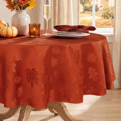 Softalker Fall Jacquard Round Tablecloth, 90 Inch Burnt Orange