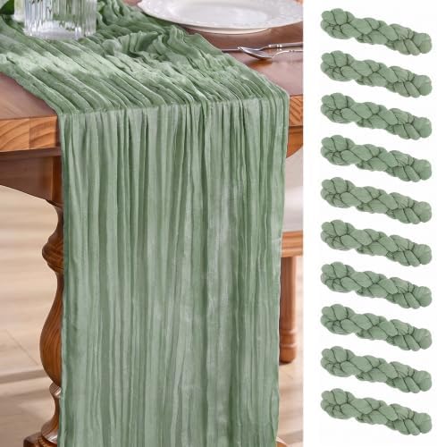 Goodluck 10 Pack 10Ft Sage Green Cheesecloth Table Runner 35x120 Inch Boho Gauze Table Runner Cheese Cloth Extra Long Romantic Table Runners for Wedding Bridal Shower Birthday Party Table Decor