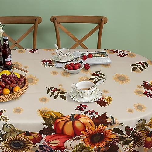Fall Thanksgiving Double Border Decoration Tablecloth, Sunflower & Pumpkin Harvest Tablecloths Waterproof Table Cover for Dinner Kitchen Party Holiday Decorations, Oval 60 x 120
