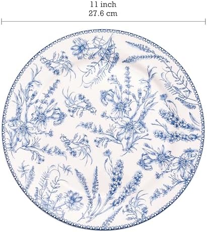 Bico Blue Garden Toile De Jouy Dinner Plates Set of 4, 11 Inch Large Ceramic Plates for Pasta, Steak, Stylish Serving Dishes, Microwave and Dishwasher Safe, Gift for Housewarming and Thanksgiving