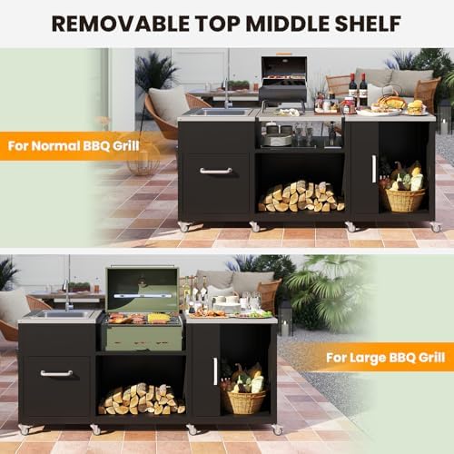 Happygrill 80” Outdoor Grill Table with Sink & Drainage, Wheels