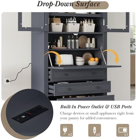 Merax 78 Inch Extra-Tall Freestanding Kitchen Pantry Storage Cabinet, Multifunctional Cupboard with 3 Drawers, Adjustable Shelves & Power Outlet Drop-Down Surface for Dining and Living Room, Grey
