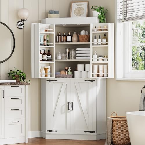 Jocoevol Corner Cabinet,71'' Kitchen Pantry Storage Cabinet with 4 Doors and Shelves, Tall Food Pantry Storage Cabinet Farmhouse Furniture for Kitchen Dining Room, White