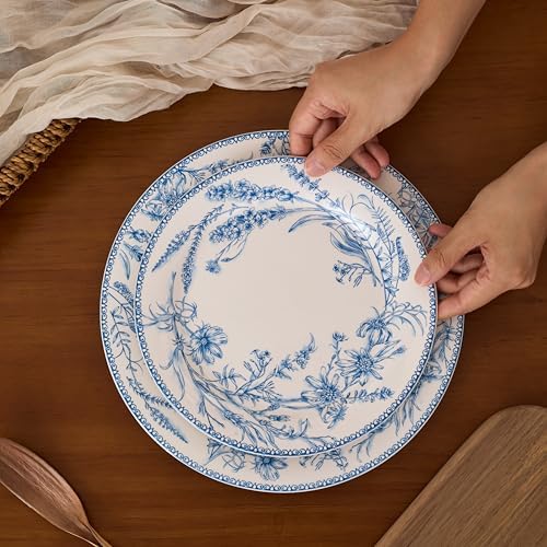 Bico Blue Garden Toile De Jouy Dinner Plates Set of 4, 11 Inch Large Ceramic Plates for Pasta, Steak, Stylish Serving Dishes, Microwave and Dishwasher Safe, Gift for Housewarming and Thanksgiving