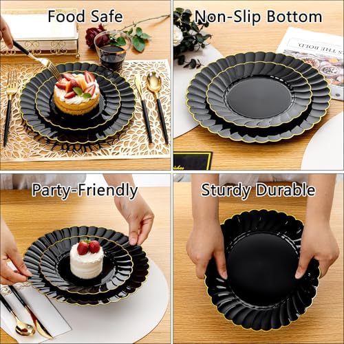 Ciaell 175 Piece Black and Gold Plastic Plates for Weddings Parties