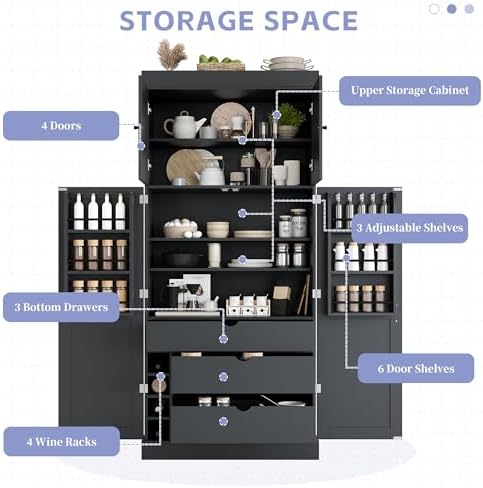 Merax 77''Tall Freestanding Kitchen Pantry,Farmhouse Tall Storage Cabinet with 2 Standard Plugs and 2 USB Ports,Wood Food Pantry with Adjustable Shelves,Door Shelves, Drawers and Wine Racks,Grey