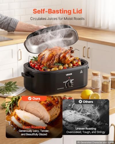 VEVOR Electric Roaster Oven, 18 Qt, Turkey Roasting Pan, Black, Metal Lid