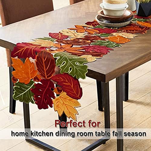 OWENIE Thanksgiving Table Runner, Fall Farmhouse Table Runner for Thanksgiving Holiday, Harvest Kitchen Decor 90 Inch Long with Embroidered Cutwork Maple Leaves, 13x 90 Inches