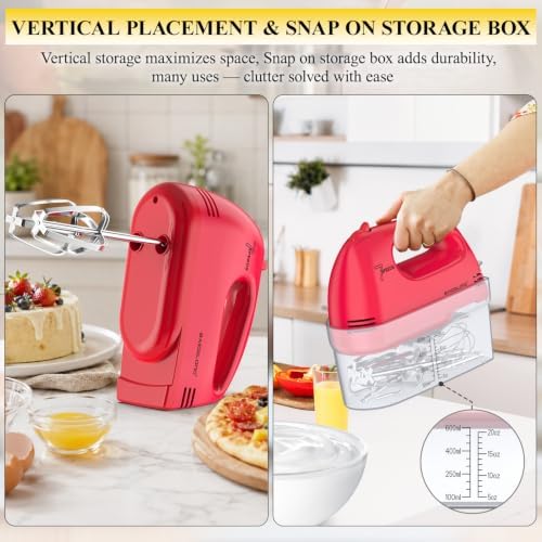 BAIGELONG Hand Mixer. 7-Speed Adjustable Kitchen Electric Mixer. With 5 Stainless Steel Attachments: 2 Hooks, 2 Beaters, 1 Whisk. Comes 1 Storage Box. Perfect for Bakers and New Starters, Red