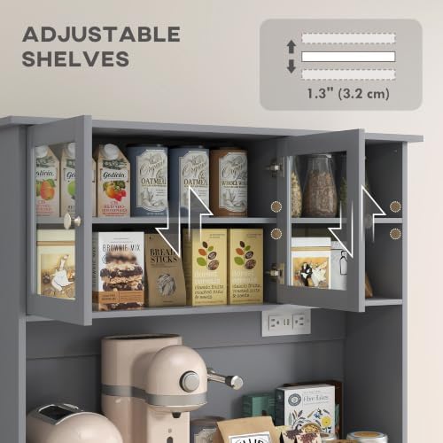 HOMCOM Kitchen Pantry with Tilt-Out Trash Can Cabinet, Power Outlet, Gray