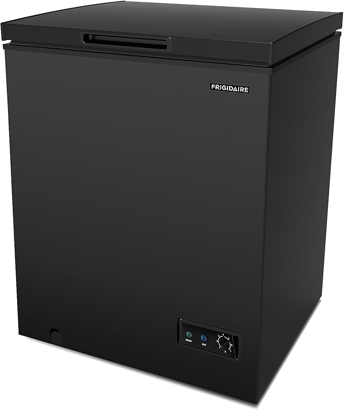 FRIGIDAIRE EFRF5003-BLACK Chest Deep Freezer-Garage-Ready, 5.0 Cu. Ft. Capacity, Black-Adjustable Thermostat-Removable Vinyl Coated Wire Basket-Easy Defrost Drain
