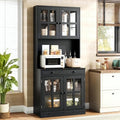 Garvee 72 Inch Kitchen Pantry Cabinet with Glass Doors, Drawer and Adjustable Shelves, Farmhouse Tall Storage Cabinet with Open Countertop, Coffee Bar Cabinet for Coffee Corner, Black