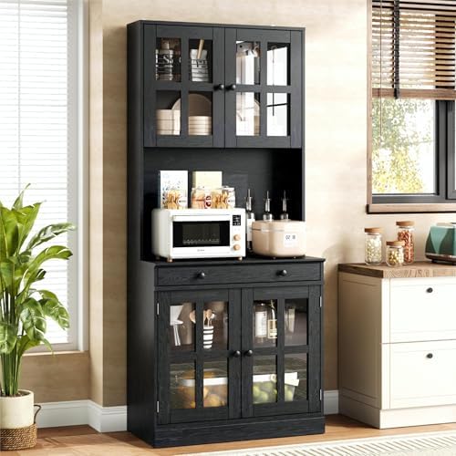 Garvee 72 Inch Kitchen Pantry Cabinet with Glass Doors, Drawer and Adjustable Shelves, Farmhouse Tall Storage Cabinet with Open Countertop, Coffee Bar Cabinet for Coffee Corner, Black